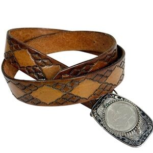 Brown Tooled Leather Men's Belt 1972 Eisenhower Liberty  Silver Dollar Buckle 40